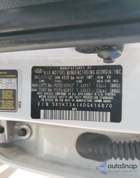2013 Kia Sorento Lx from USA, damaged, VIN 5XYKT3A14DG416870
